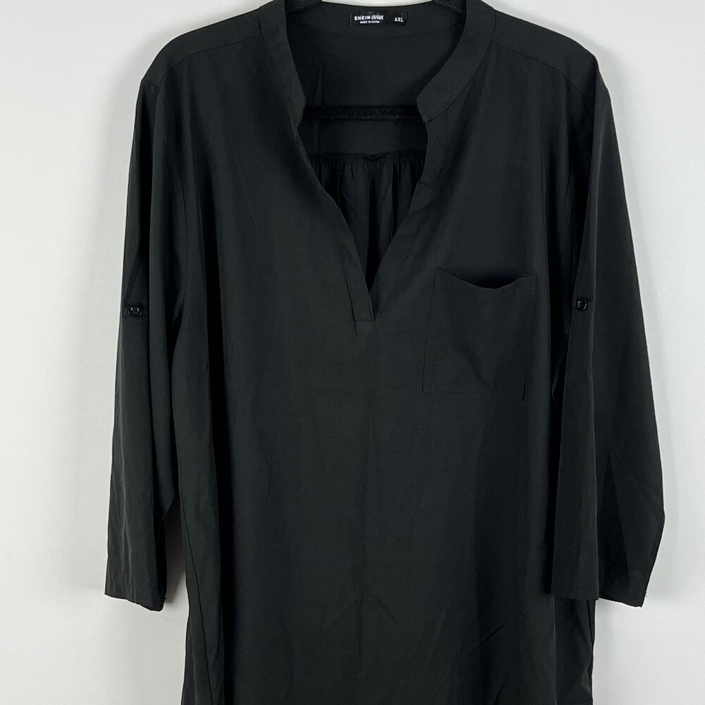 Shein Curve Top Blouse Size 4XL Black 3/4 Sleeve V Neck Band Collar Pocket